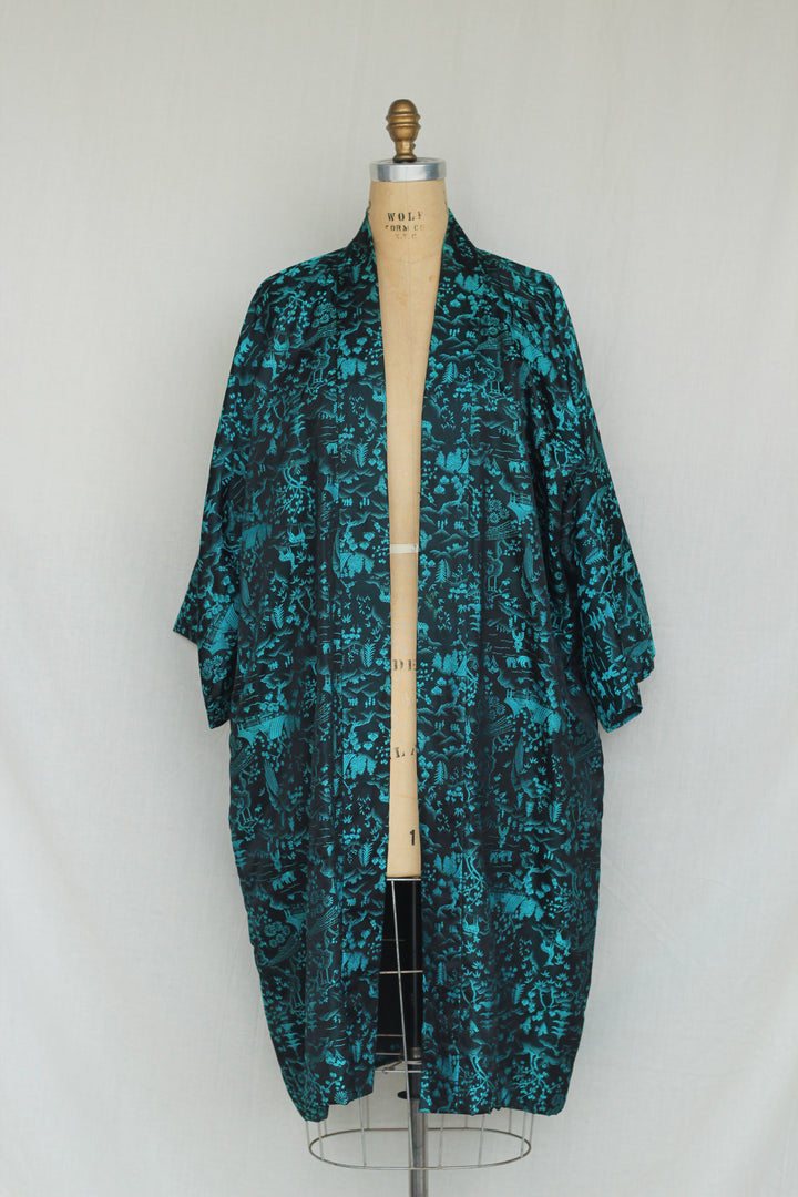 Vintage Turquoise Asian Inspired Kimono Robe Cardigan