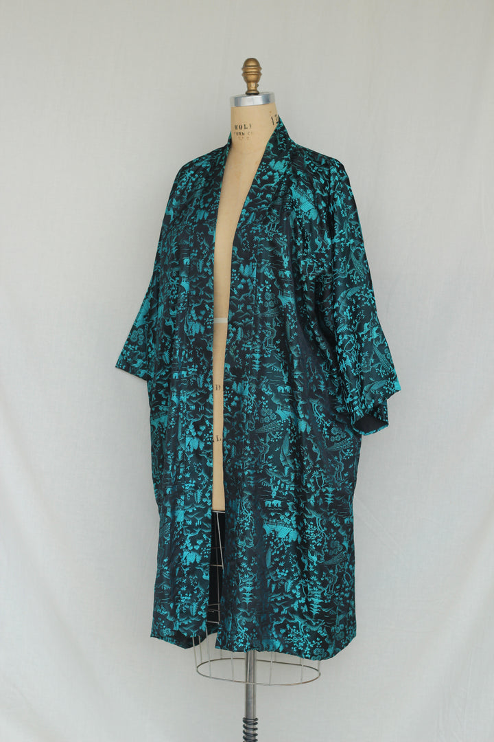 Vintage Turquoise Asian Inspired Kimono Robe Cardigan