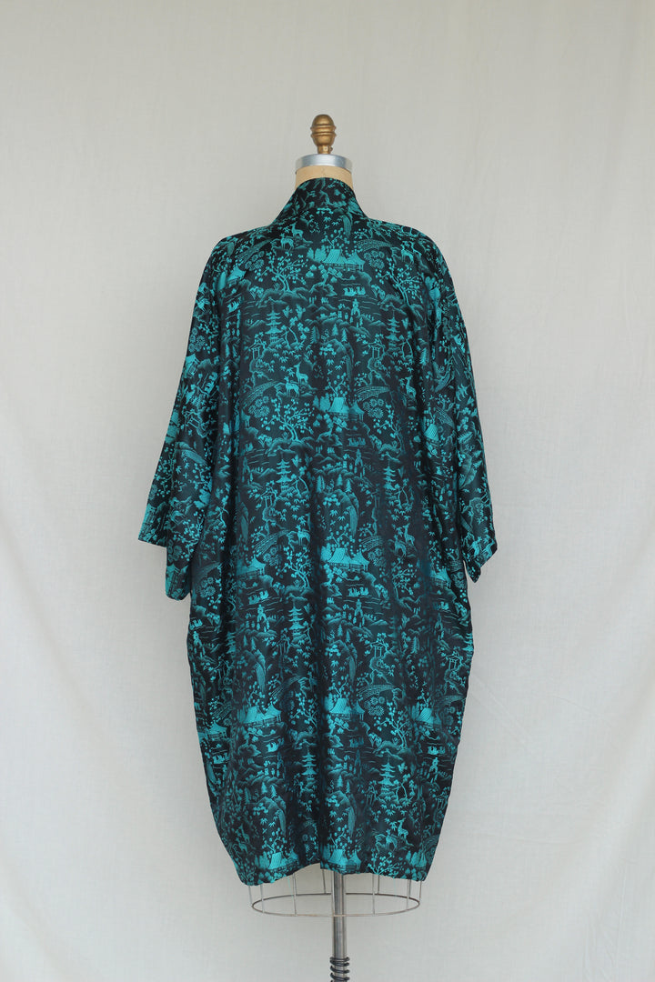 Vintage Turquoise Asian Inspired Kimono Robe Cardigan