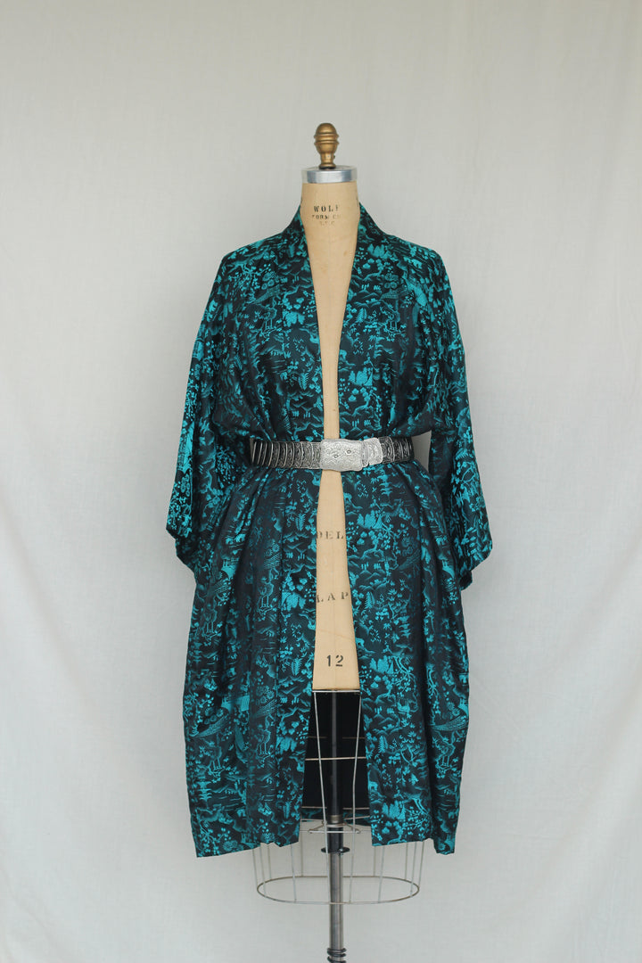 Vintage Turquoise Asian Inspired Kimono Robe Cardigan