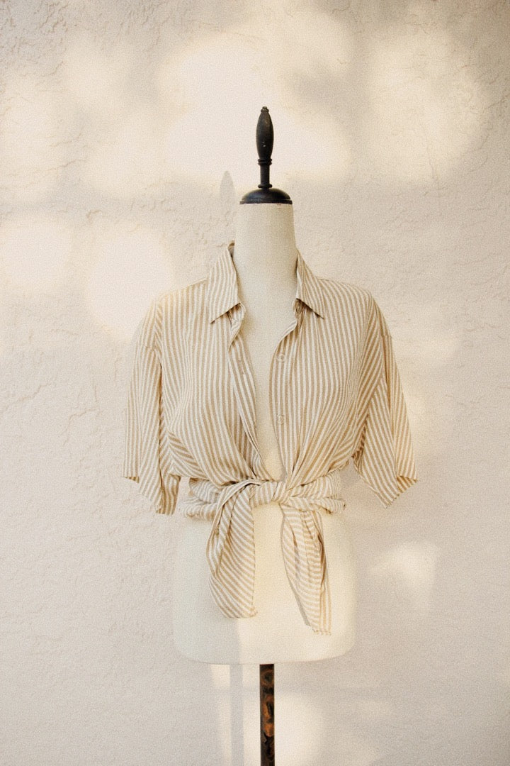 Maggy London Beige Striped Buttoned Down Top