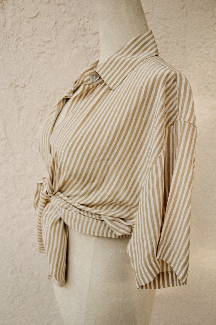 Maggy London Beige Striped Buttoned Down Top