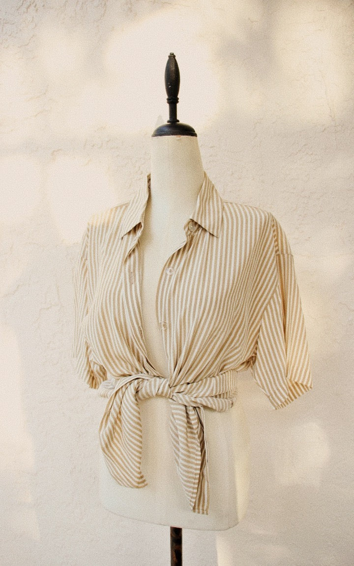 Maggy London Beige Striped Buttoned Down Top