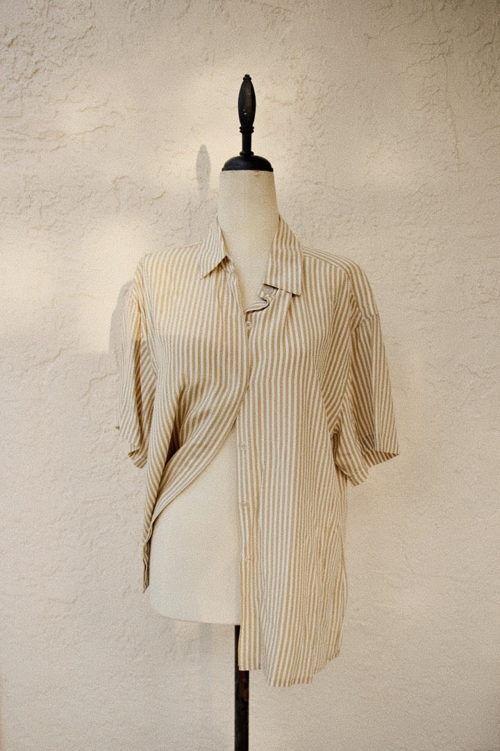 Maggy London Beige Striped Buttoned Down Top