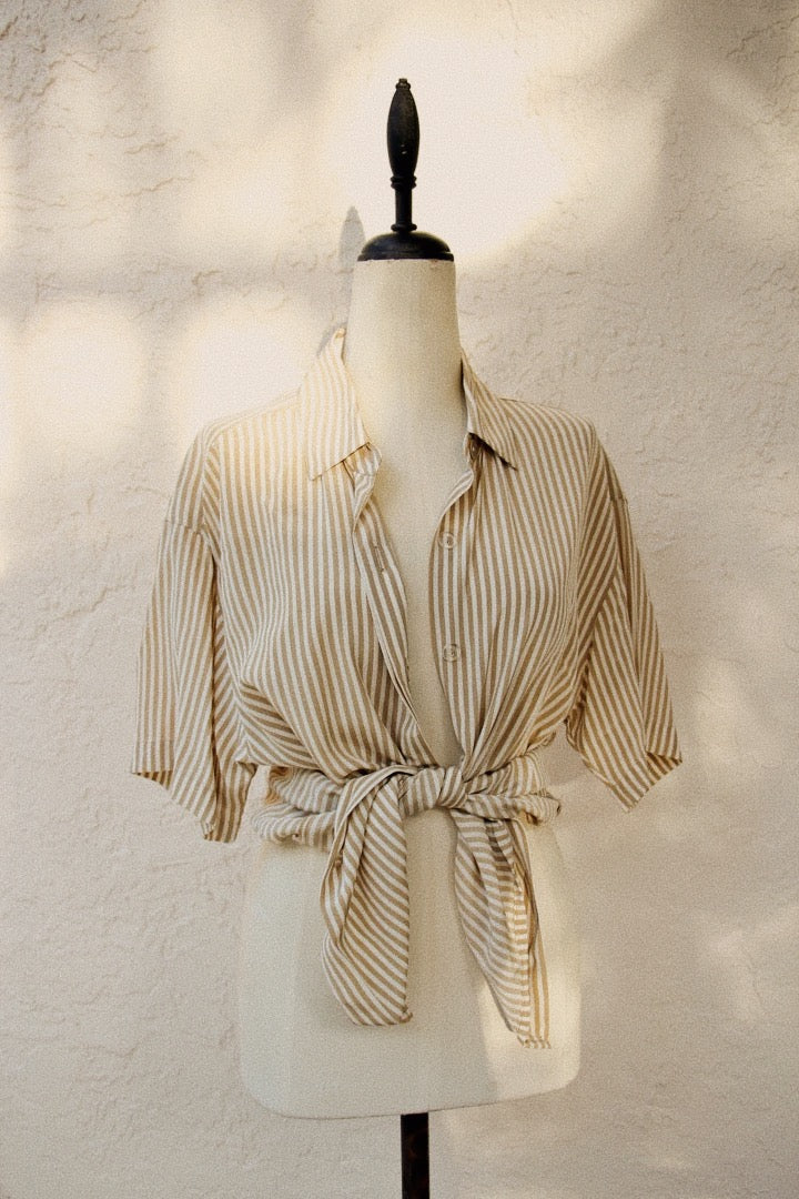 Maggy London Beige Striped Buttoned Down Top